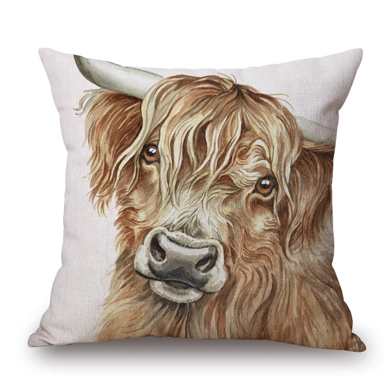 Highland Cow Donkey Cock Rabbit Squirrel Horse Goat Hand Painting Animal Posters Cushion Cover Decorative Pillows For Sofa