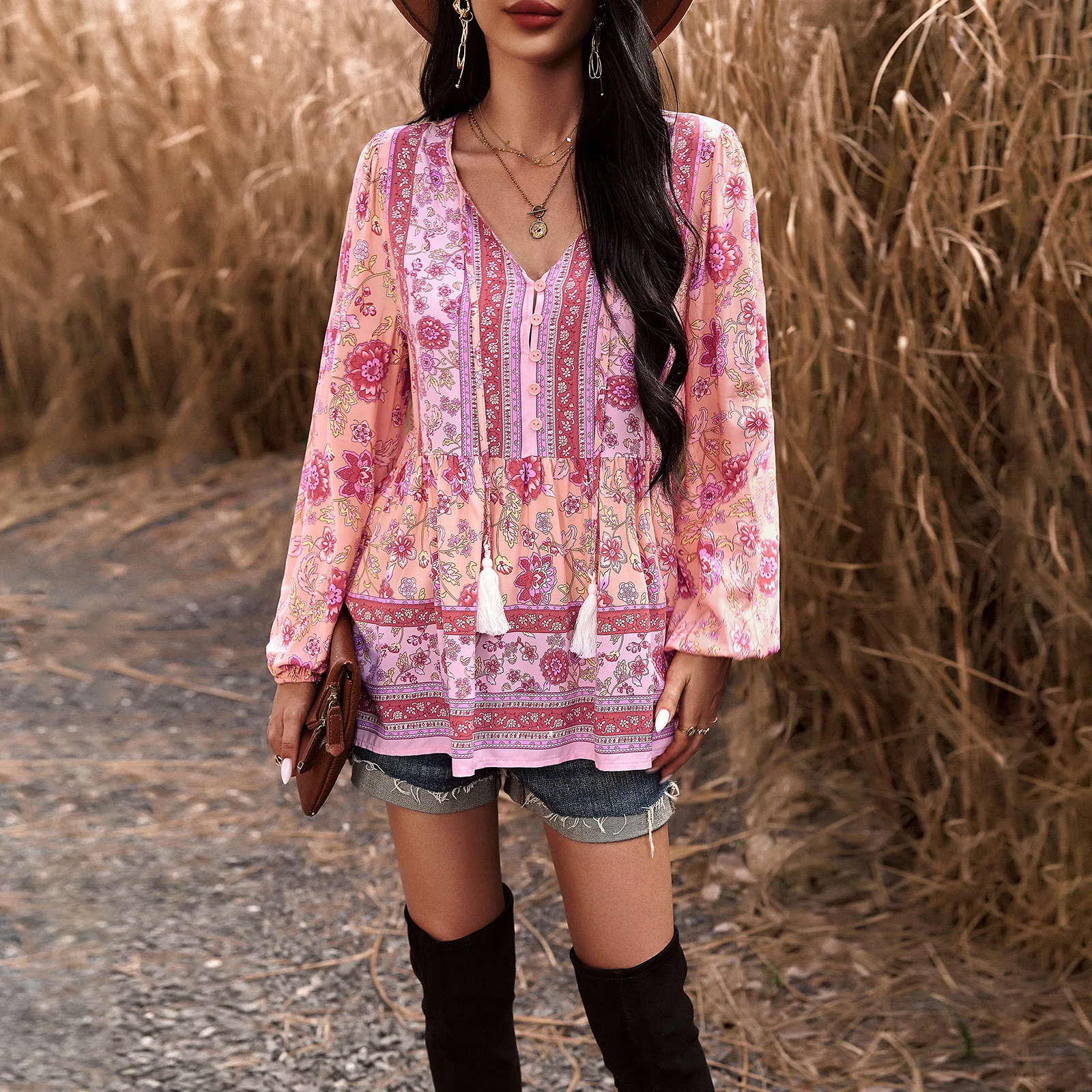 Women Temperament Casual Floral Print V-Neck Long Sleeve Shirt Elegant Loose Bohemian Blouse Design Sense Button Fringe Pullover