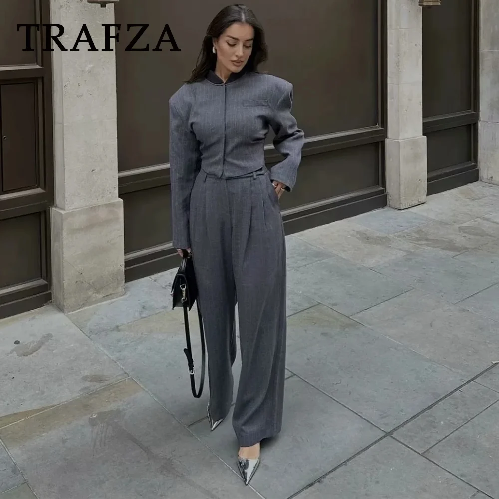 TRAFZA 2024 Autumn Winter Women Casual MANGO Striped Suits Fashion Vintage O Neck Short Coats+High Waist Wide Leg Long Pants