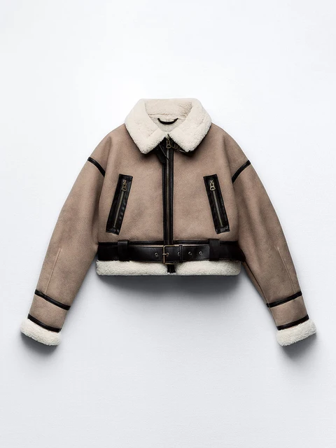 Ailegogo Streetwear Women Retro Loose Spliced Faux Leather Soft Fur Short Jacket Winter Female Zipper Belt Coat Vintage Outwear