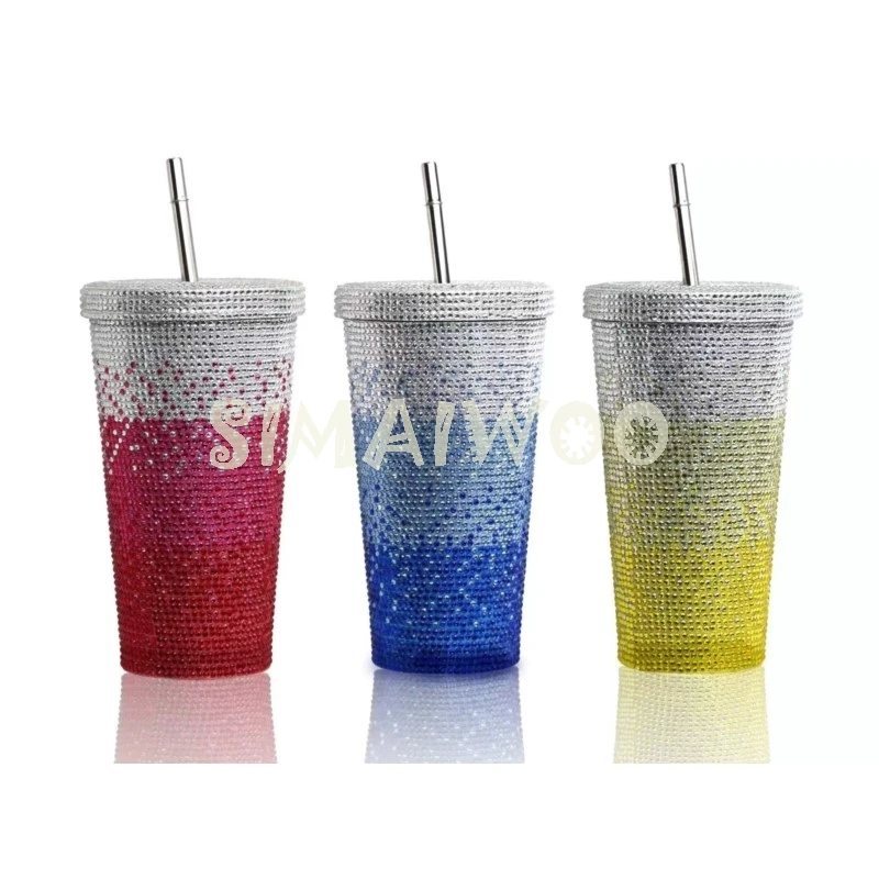 Gradient Glass Rhinestone Straw Cup Handcraft Art Diamond Painting Sunflower Designer Cup Mosaic Rhinestone Girl Birthday Gift