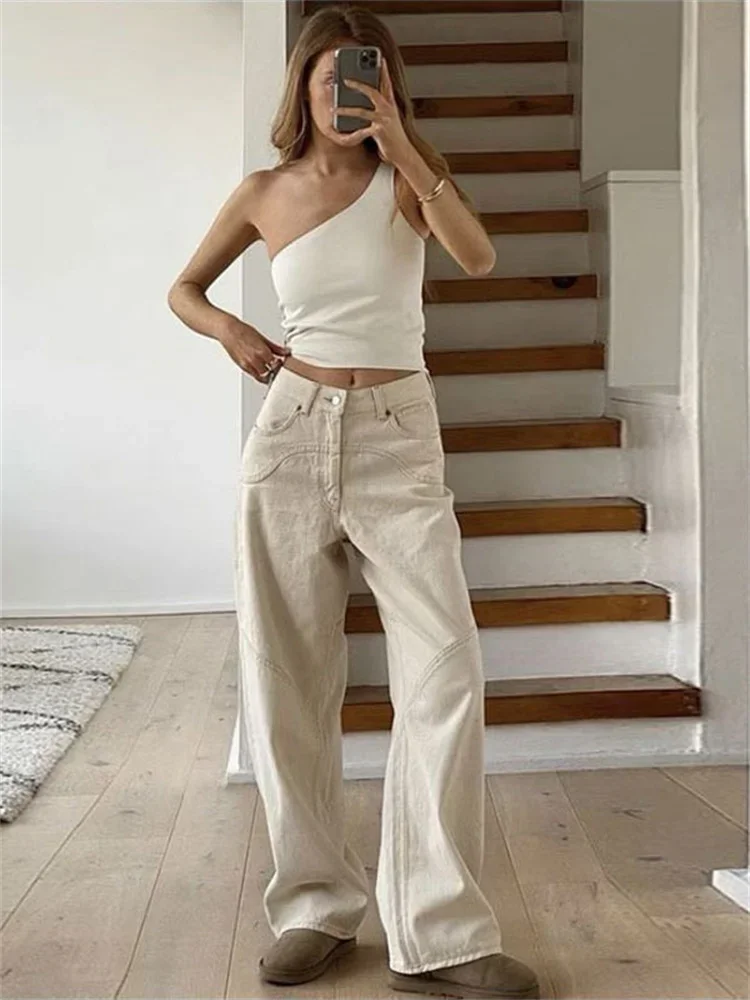 Fashion High Waist for Women Straight Legg Slim Casual Summer 2025 Straight High Street Sweatpants Pocket Denim Trousers
