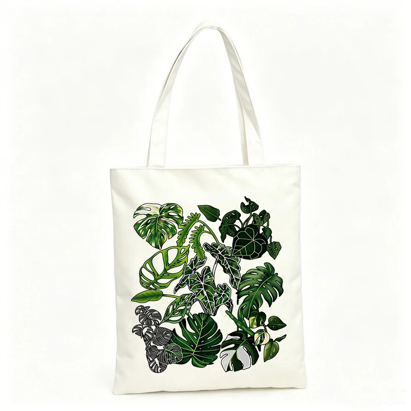 Women's tropical leaf pattern canvas tote bag, casual style for daily shopping and summer outings
