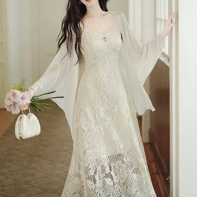 

Elegant Fairylike Women's Summer New Arrival Lace off Shoulder Dress Luxury Sensation Lightweight Heavy Embroidery Gown