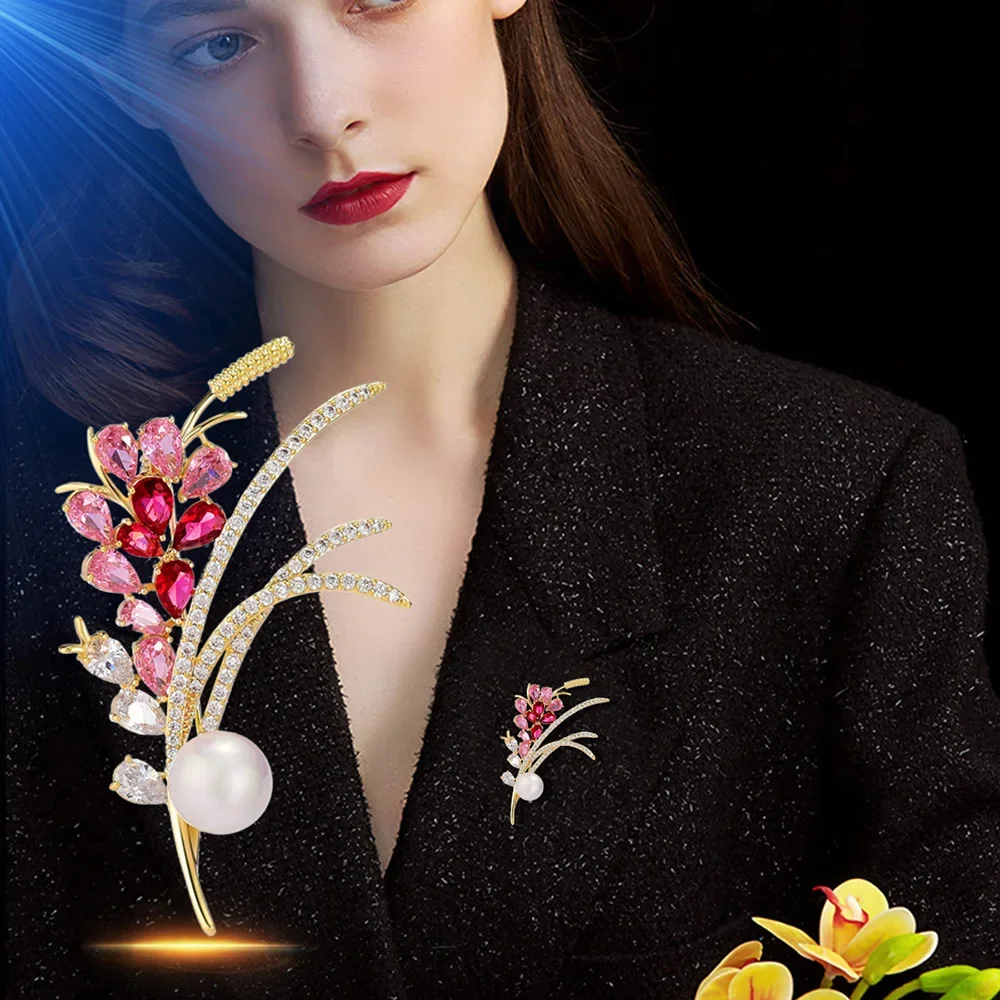 

New Fashion Pearl Wheat Ear Brooch Jewelry Shiny Cubic Zirconia Bouquet Brooches Woman Luxury Wedding Corsage for Suit Coat