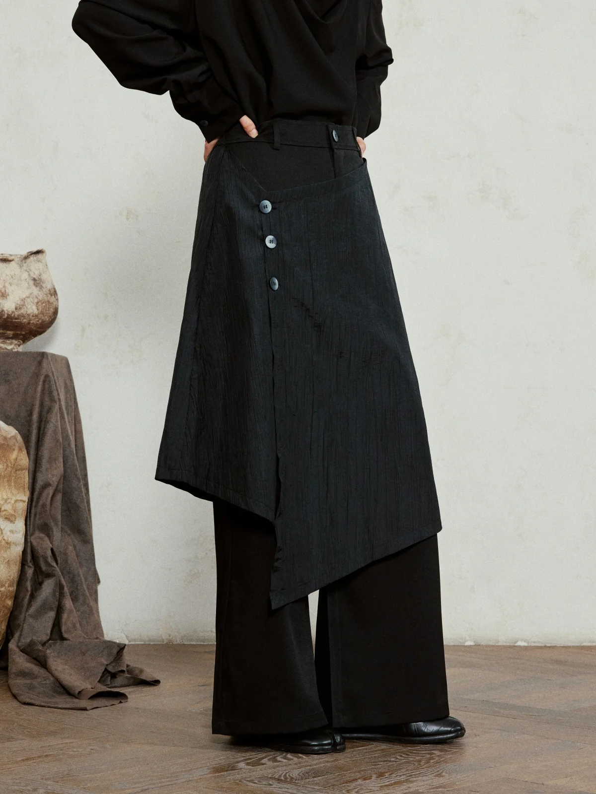 Sunyvonne Asymmetric Apron Wide Leg Pants Art Student Mountain Style Casual Suit Pants Dark Style High Waist Button Polyester