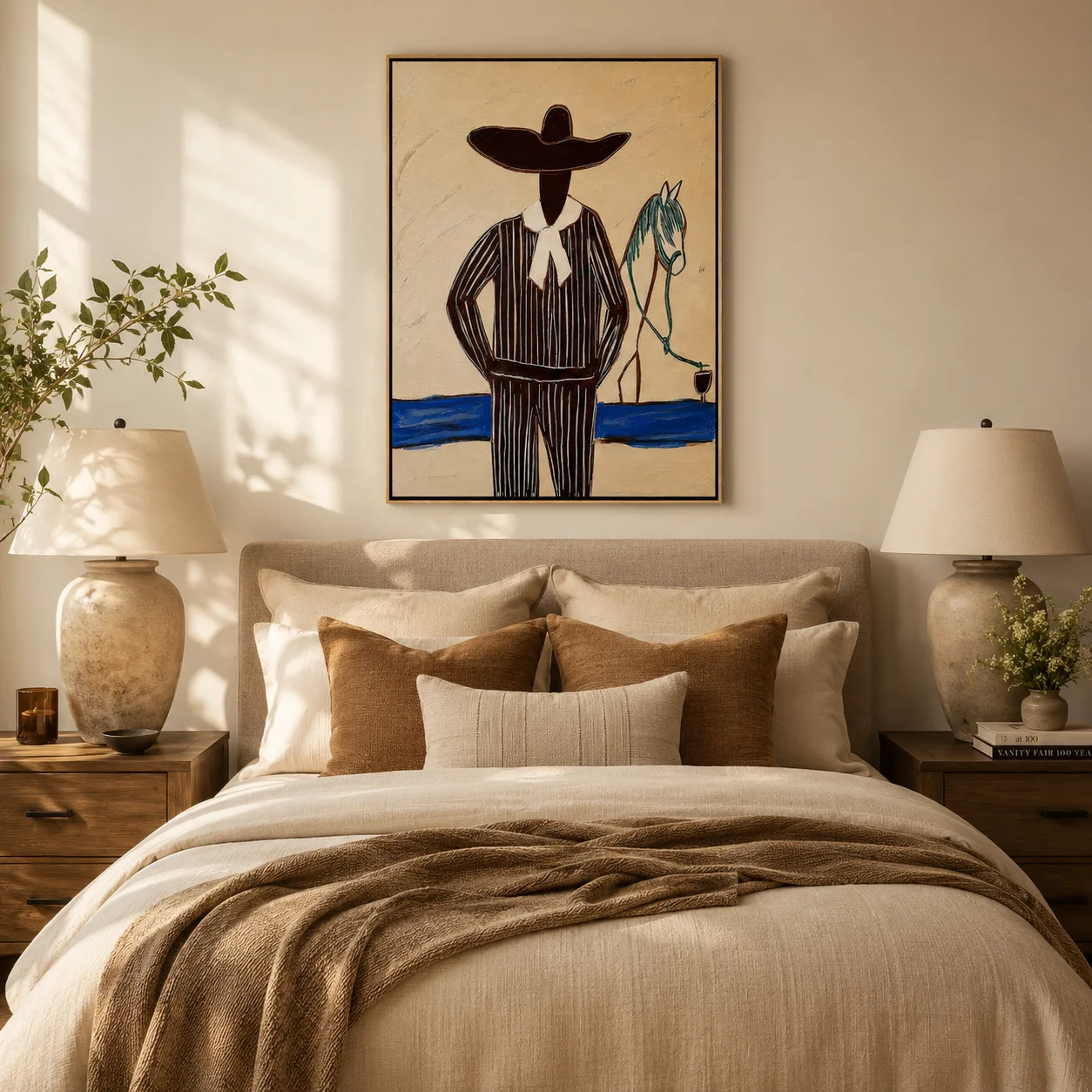 The Pinstripe Vaquero – Vintage Americana Cowboy with Horse Portrait Painting | Canvas Wall Print for Bedroom, Living Room