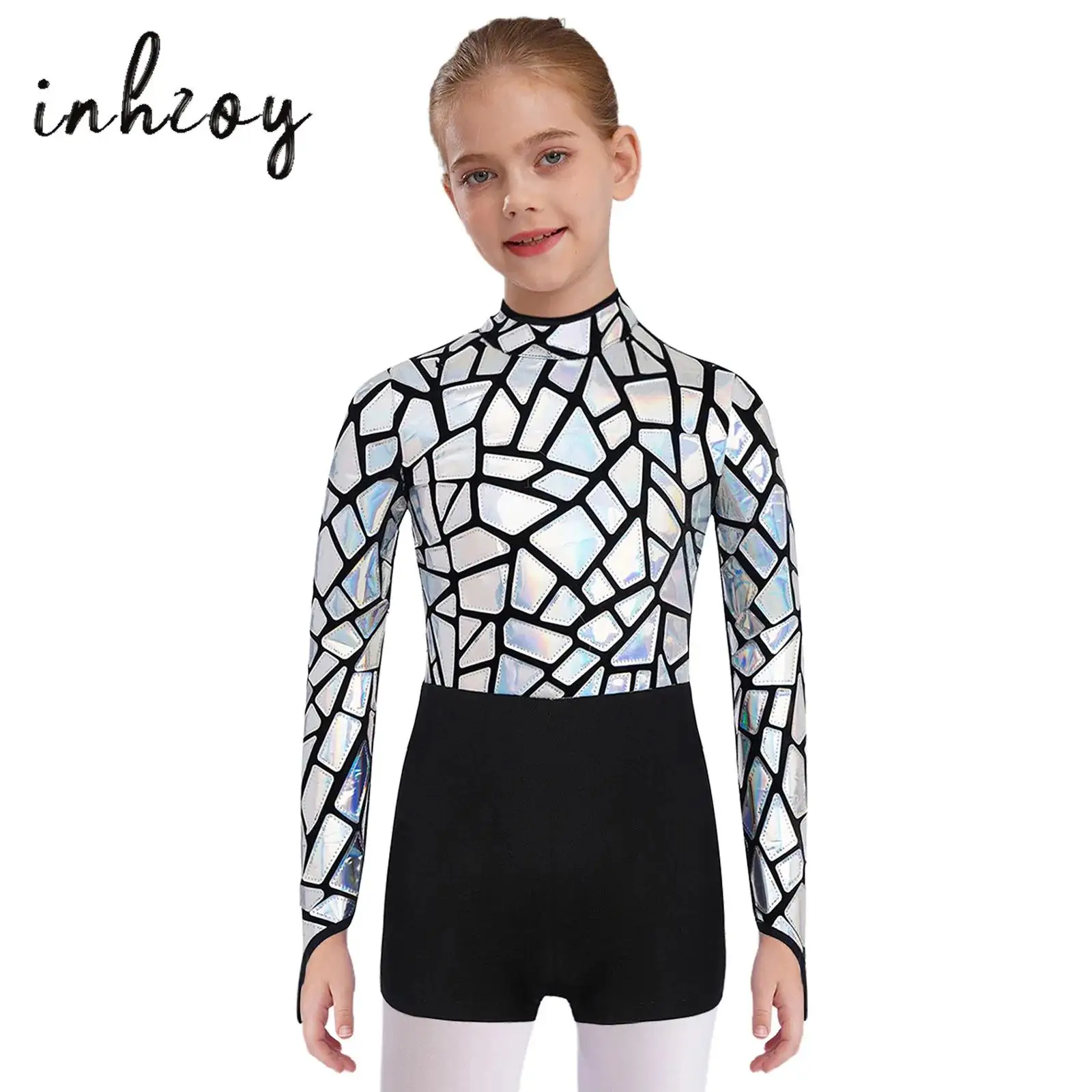 Kids Girls Metallic Sequins Jazz Dance Jumpsuit Mock Neck Long Sleeve Keyhole Back Leotard for 80s Disco Performance Competition