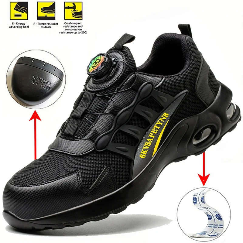 

Men Rotating Button Safety Shoes Steel Toe Work Sneakers Indestructible Shoes Puncture-Proof Work Boots Air Cushion Safety Shoes