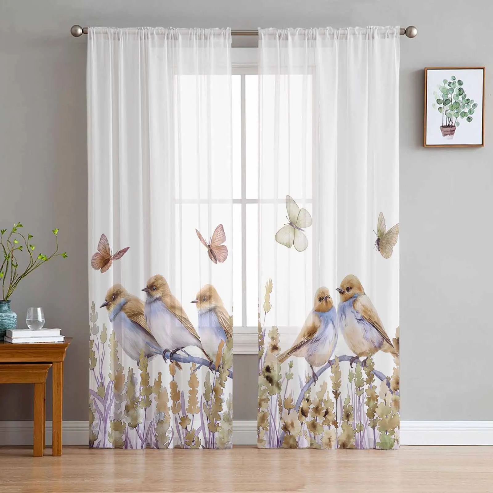 

Flowers Birds Lavender Watercolor Butterflies Sheer Curtains for Living Room Modern Decor Tulle Curtain Bedroom Voile Drapes