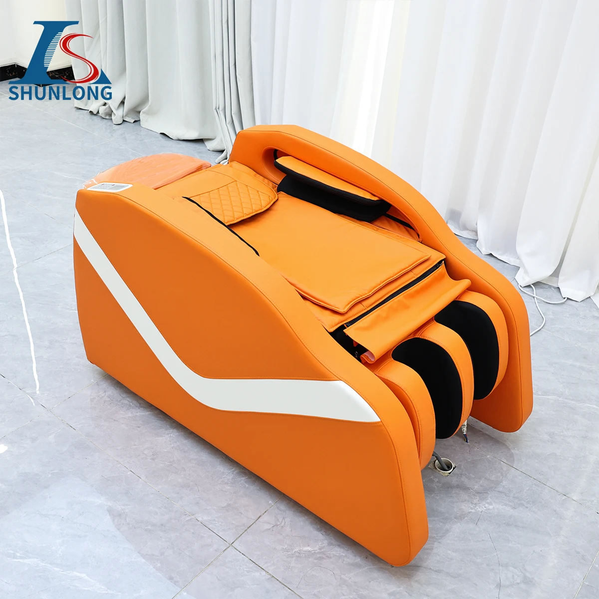 Orange & White Shampoo Massage Bed with Independent Mobile Sink, Reclining Hair Washing Bed for Beauty Salon Head Spa Scalp Trea