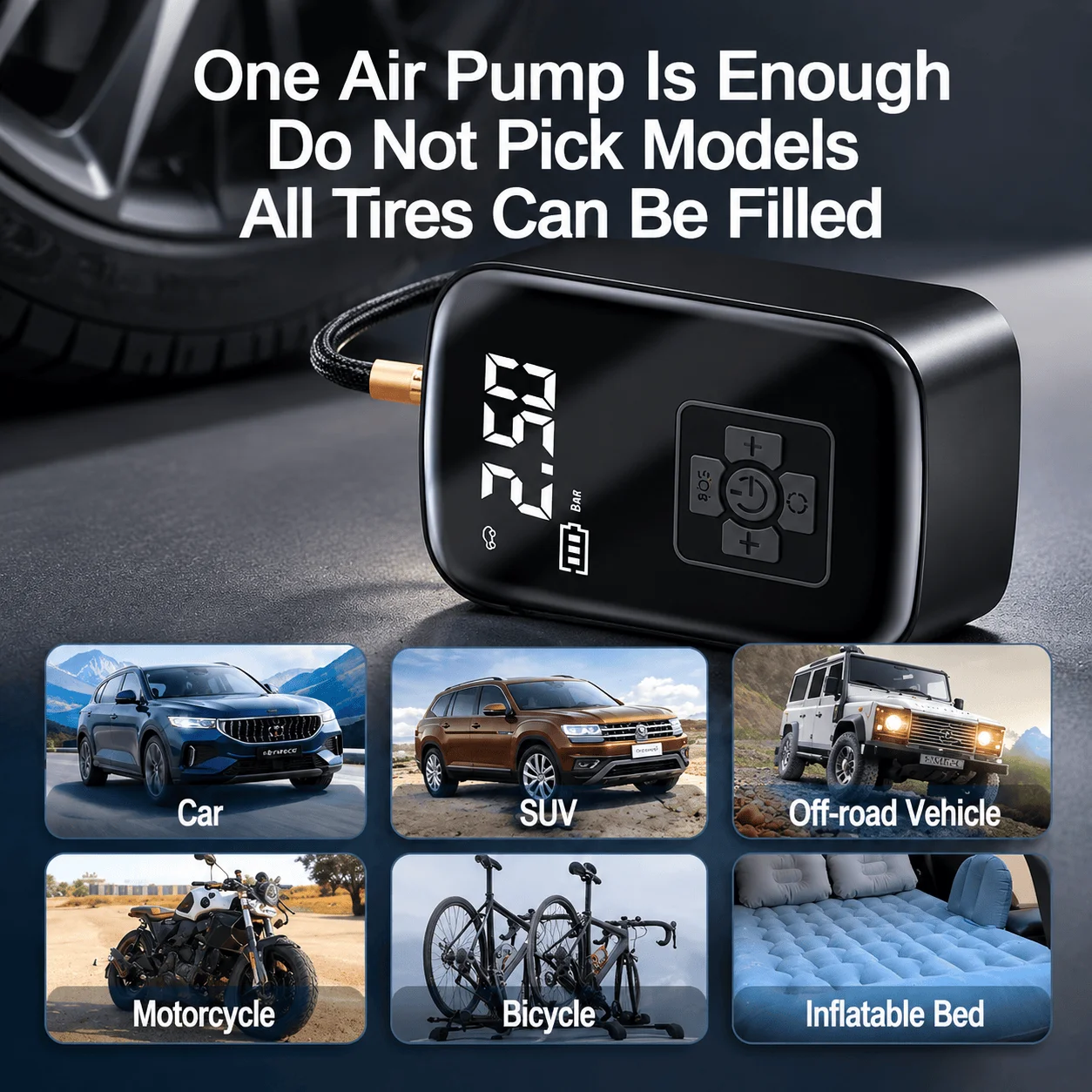 Cordless Digital Tire Inflator, 3-150PSI Pressure Range, 100W Power, 3600mAh Battery, Five Inflation Modes, LCD Display, Automatic Stop, for Car, Motorcycle and Bicycle Tires, Balls and Inflatable Toys, ABS, 13 x 9.5 x 6cm, 0.5kg
