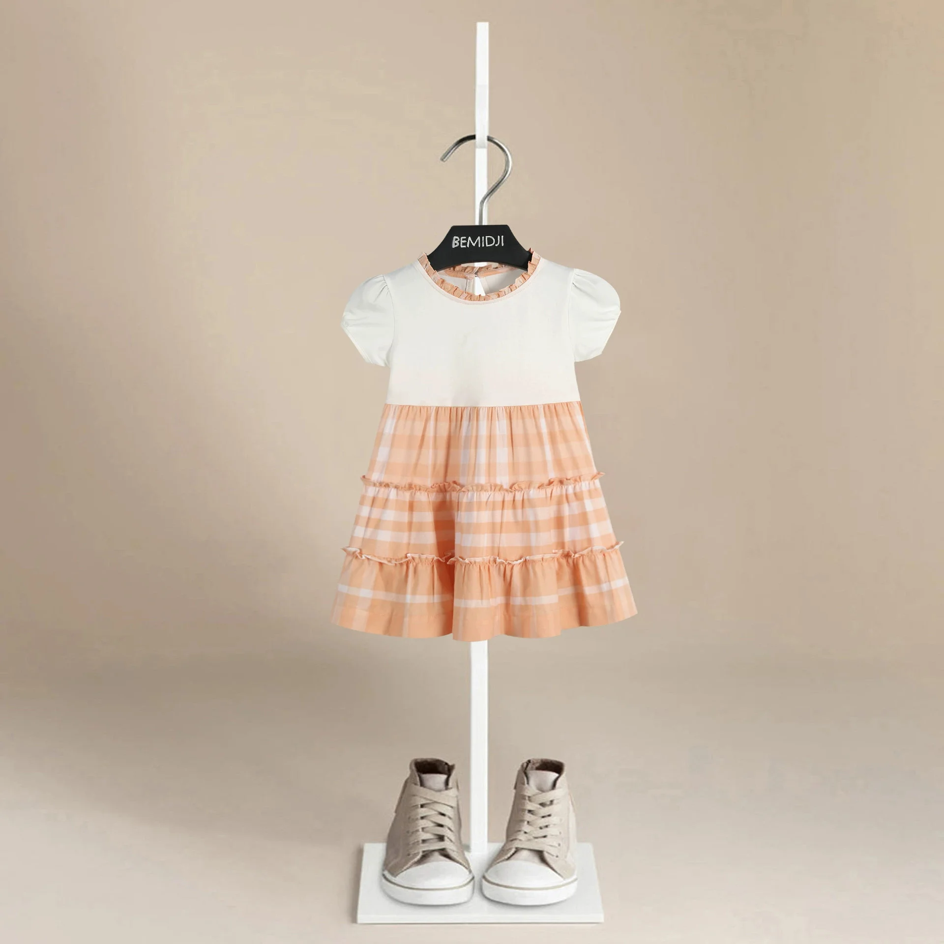 

Летнее платье для девочки с короткими рукавами, модное полосатое платье с пышными рукавами, платье принцессы, мягкое и удобное, для прогулок, розовое