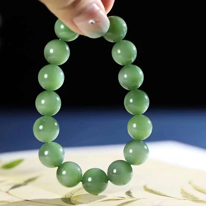 

Natural Xinjiang Hetian Ice Cat Eye Beads round Jade Men's and Women's Bracelet