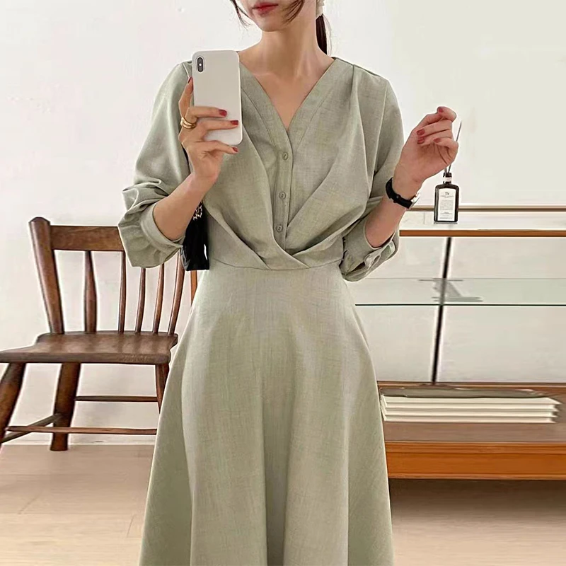 Elegant Women Solid Long Dresses Pleated V-neck Slim A-Line Commute Vestidos Female Spring Fashion Designer Slim Frocks