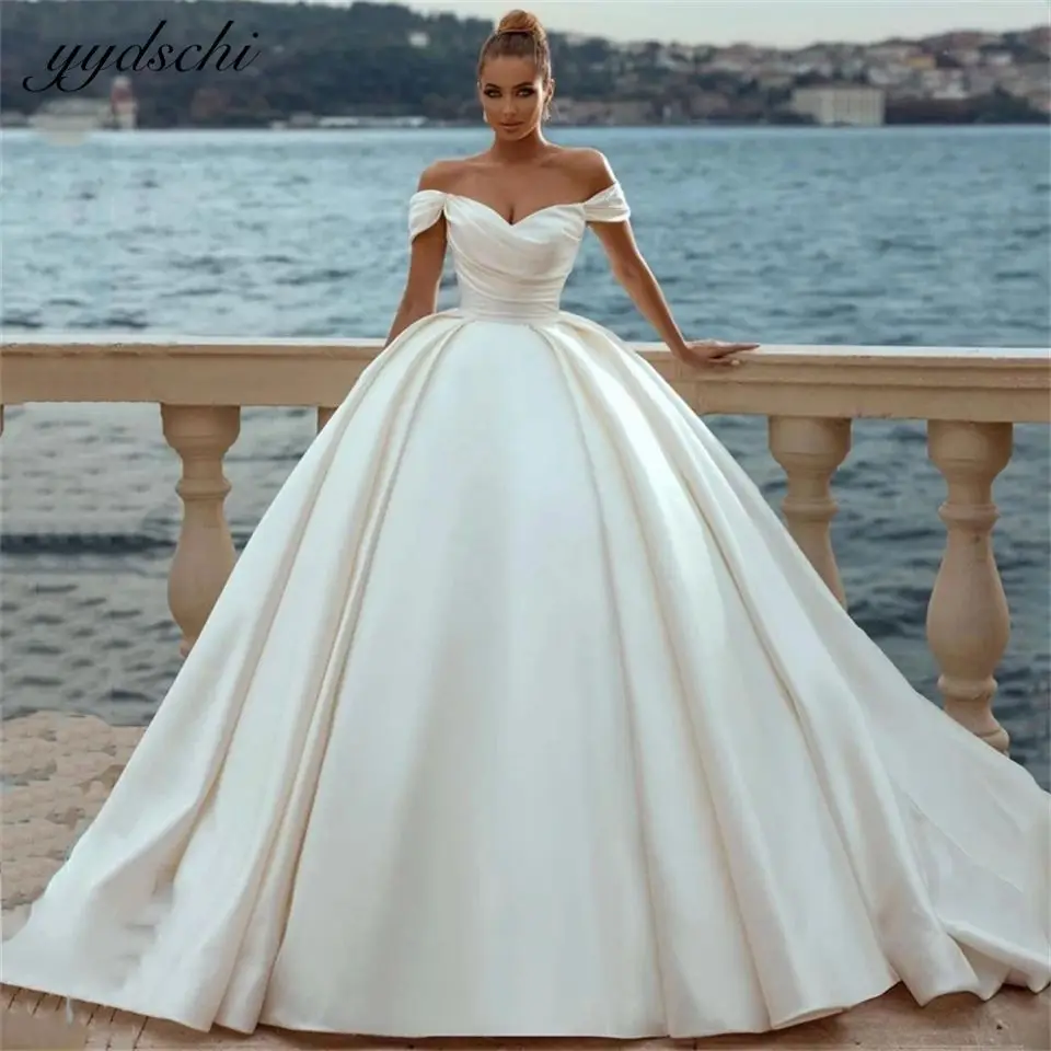 Luxury White Sweetheart Neck Lace Up Off Shoulder Strapless Satin Wedding Dresses 2024  Floor Length  Court Train Bride Gowns