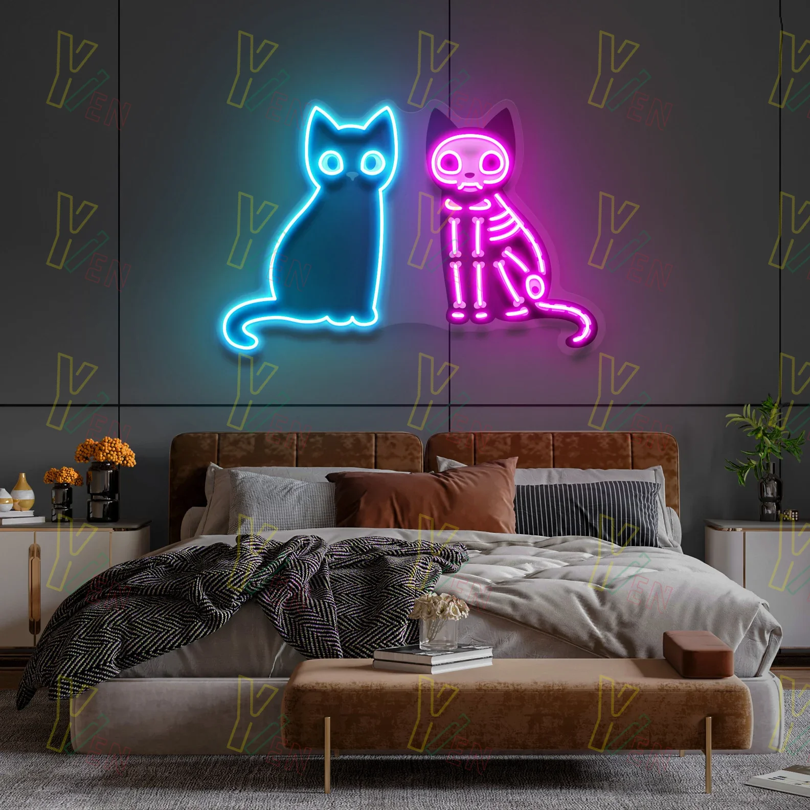 Skull Cranium Cat Couple Cat Neon Sign, UV Neon Sign, Wedding Neon Sign, Custom Neon Sign, 5v Neon Sign, USB Neon Sign