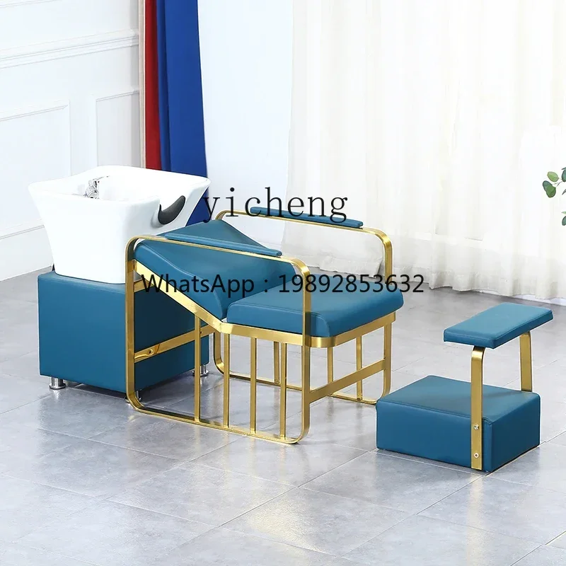 MR-15   Shampoo Bed Barber Shop Stainless Steel Half Lying Shampoo Bed Ceramic Deep Basin Hairdressing Shop Flush Bed