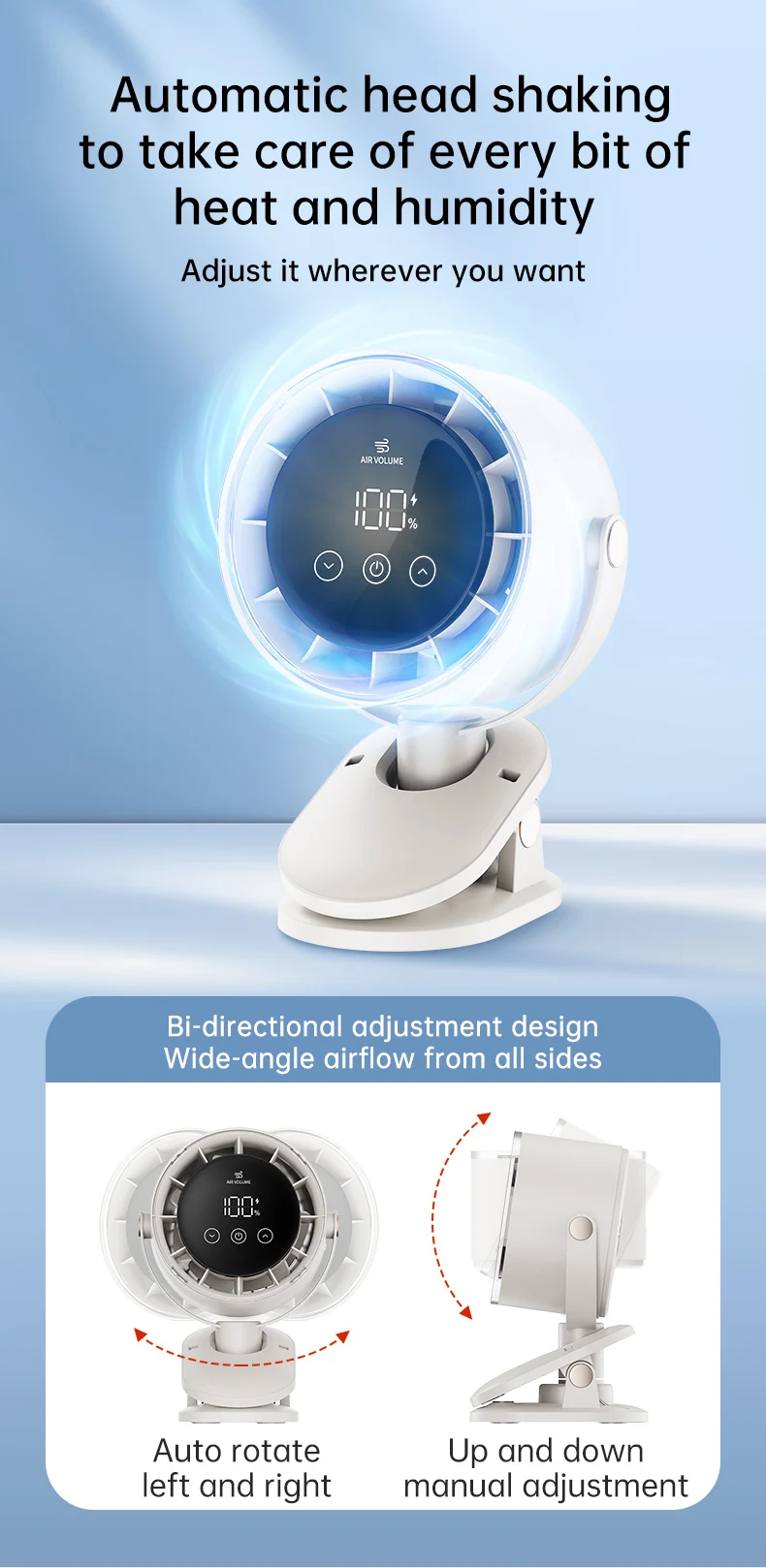 Rechargeable Portable Clip on 360° Rotate Quiet Turbo Desk Fan for Stroller Bed Travel Camping Golf Gym