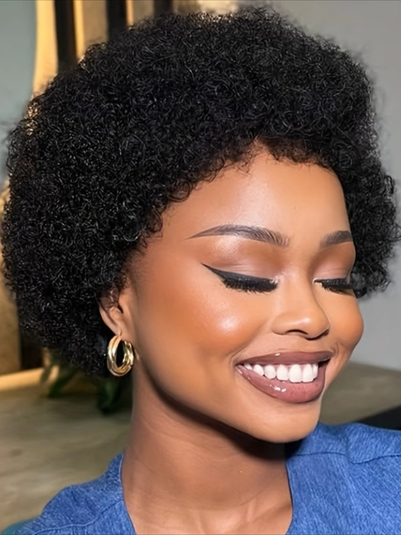 

Парик из натуральных волос Afro Kinky Curly Wave, 150% плотность, 6 дюймов, стрижка пикси, для женщин, полностью машинной работы