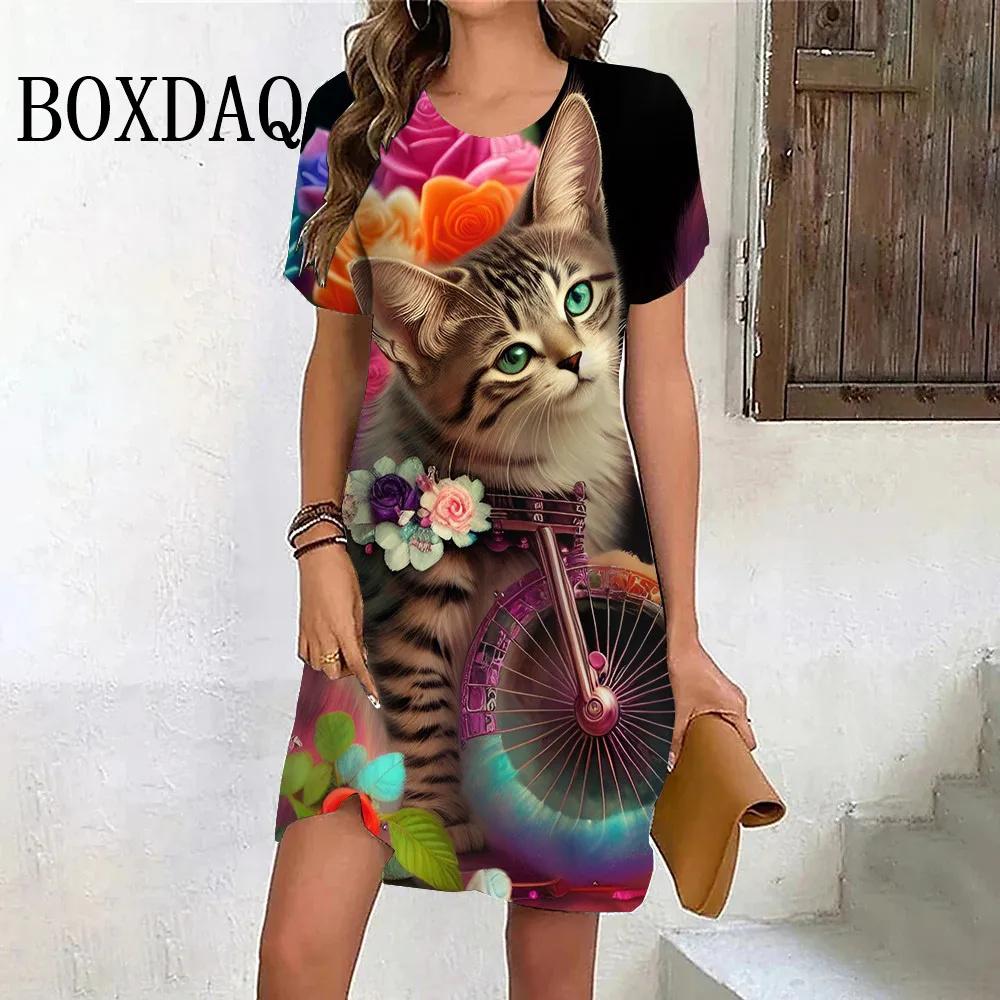 Sweet Funny Cat Print Dresses Women 2024 Summer Fashion Bike Flower 3D Print Short Sleeve Dress Casual Ladies New Hip Hop Dress