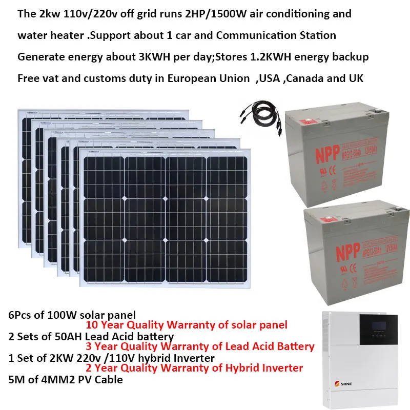 

Solar Panel Kit Complete With Battery 2000W 220V 110V PV Panel 100W UPS Hybrid Inverter Off Grid System Car Caravan Camping Rv