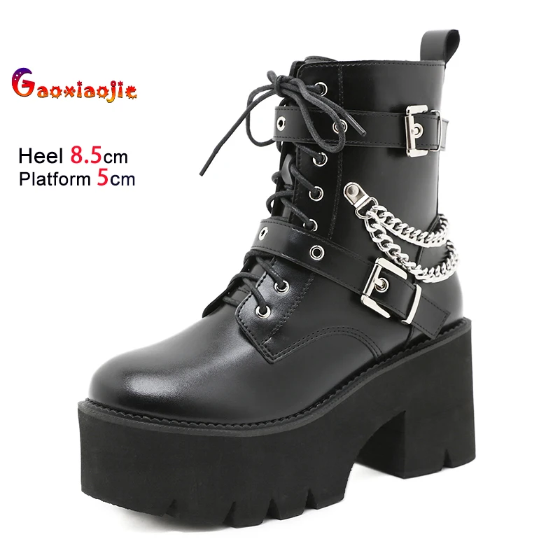 

Дизайнерские женские мотоциклетные ботинки в стиле панк с цепочкой на платформе, готические ботинки до середины икры на массивном каблуке, новинка 2025, крутая черная обувь для косплея вампира