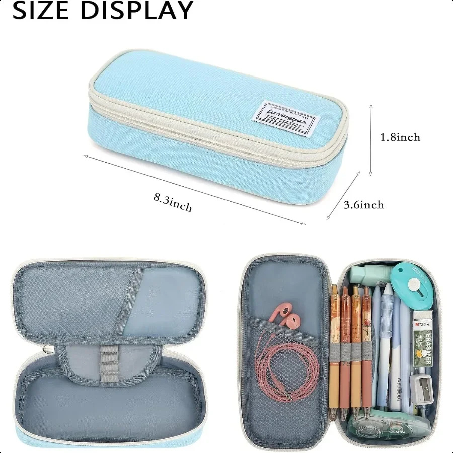 FUXINGYAO Trousse à crayons multi-compartiments Trousse à crayons portable Bleu avec blanc