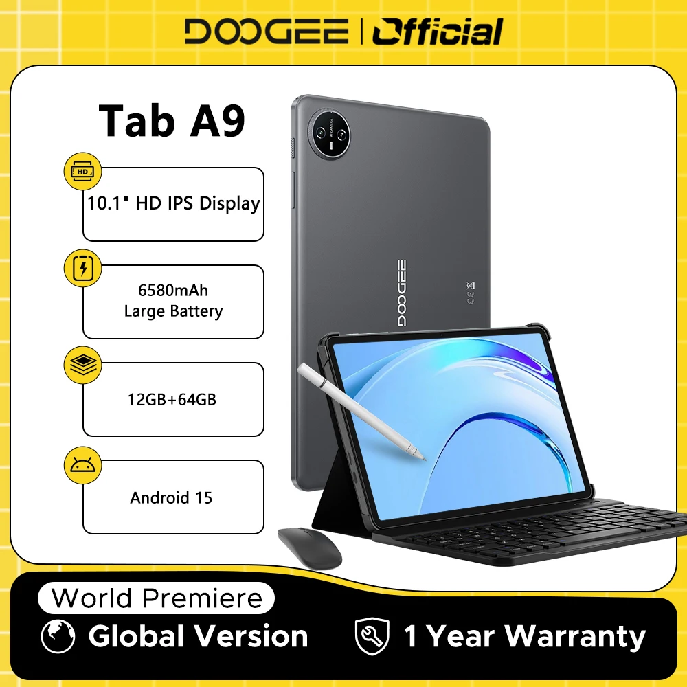 

Планшет DOOGEE Tab A9 10,1 дюйма HD-дисплей Android 15 12 ГБ ОЗУ 64 ГБ ПЗУ Аккумулятор 6580 мАч Двойные динамики 8 МП + 5 МП Планшет 2 в 1