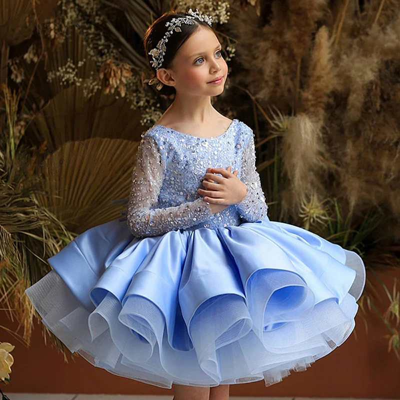 Summer Long Sleeve White Party Dress For Girl Children Lace Princess Dresses Girls Clothes Bridesmaid Wedding Birthday Gown