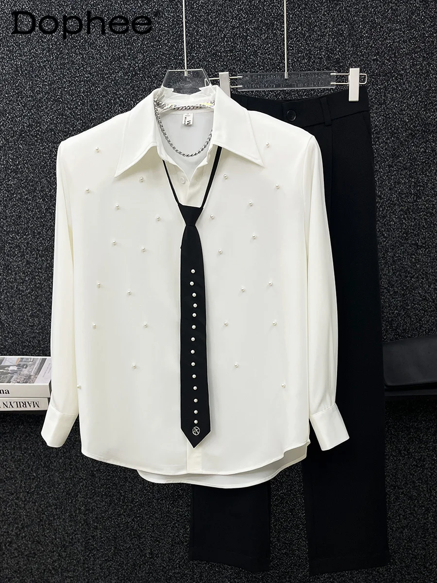 

2025 Spring New High-end Pearl Decorated Heavy-duty Long-sleeve Shirt Loose Personality Tie Versatile Trendy Men's Shirt