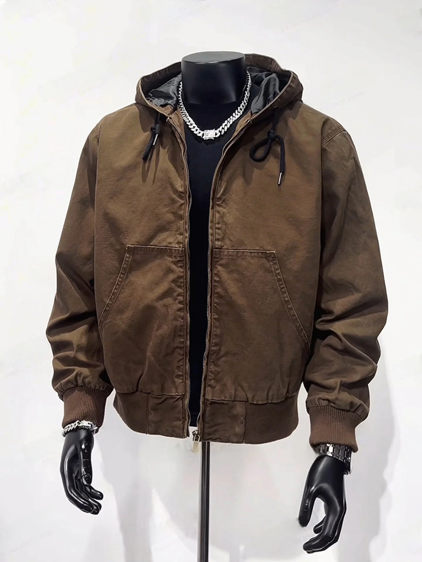 

Винтажный кофейный джет с капюшоном в американском стиле ретро или Харрингтон джет мужской осенний открытый кардиган толстовка свободного покроя из полиэстера F...