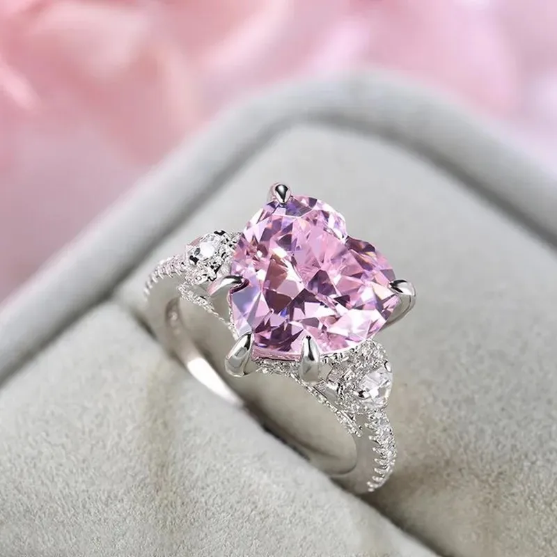 New Heart Pink Rings Claw Design Zircon Crystal Rings for Women Wedding Jewelry Accessories anillos mujer