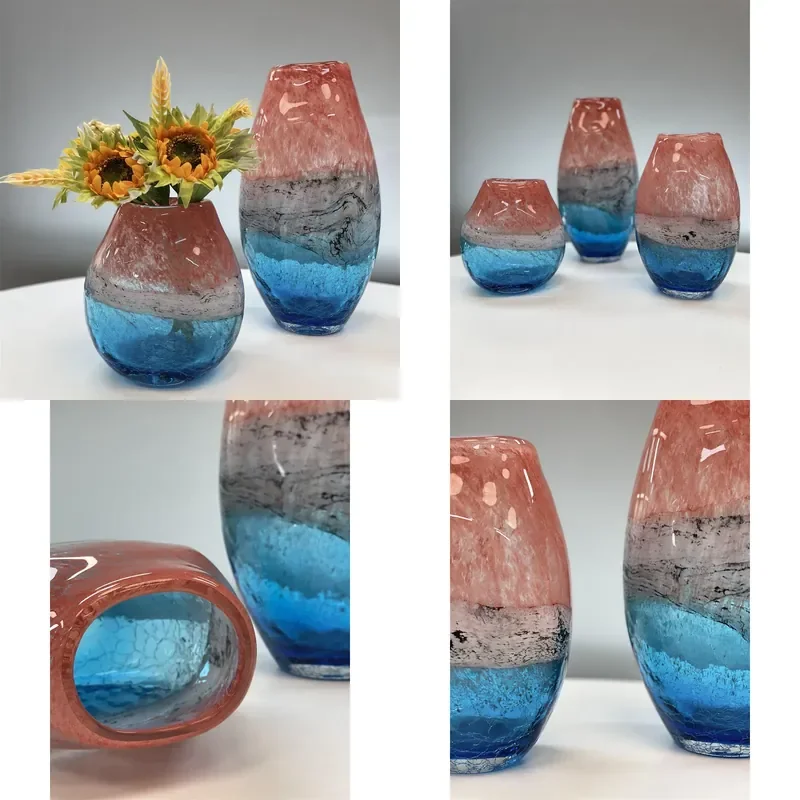 Handmade Colorful Ice Crack Glazed Glass Vase Orange Red Blue Hydroponic Home Decor Ornament Craft