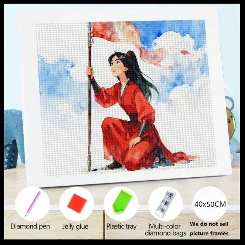 

1PC Full Drill 5D Diamond Painting Kit, Anime Warrior Princess Oriental Girl in Red Dress with Flag Motif, DIY Square Drill Rhin
