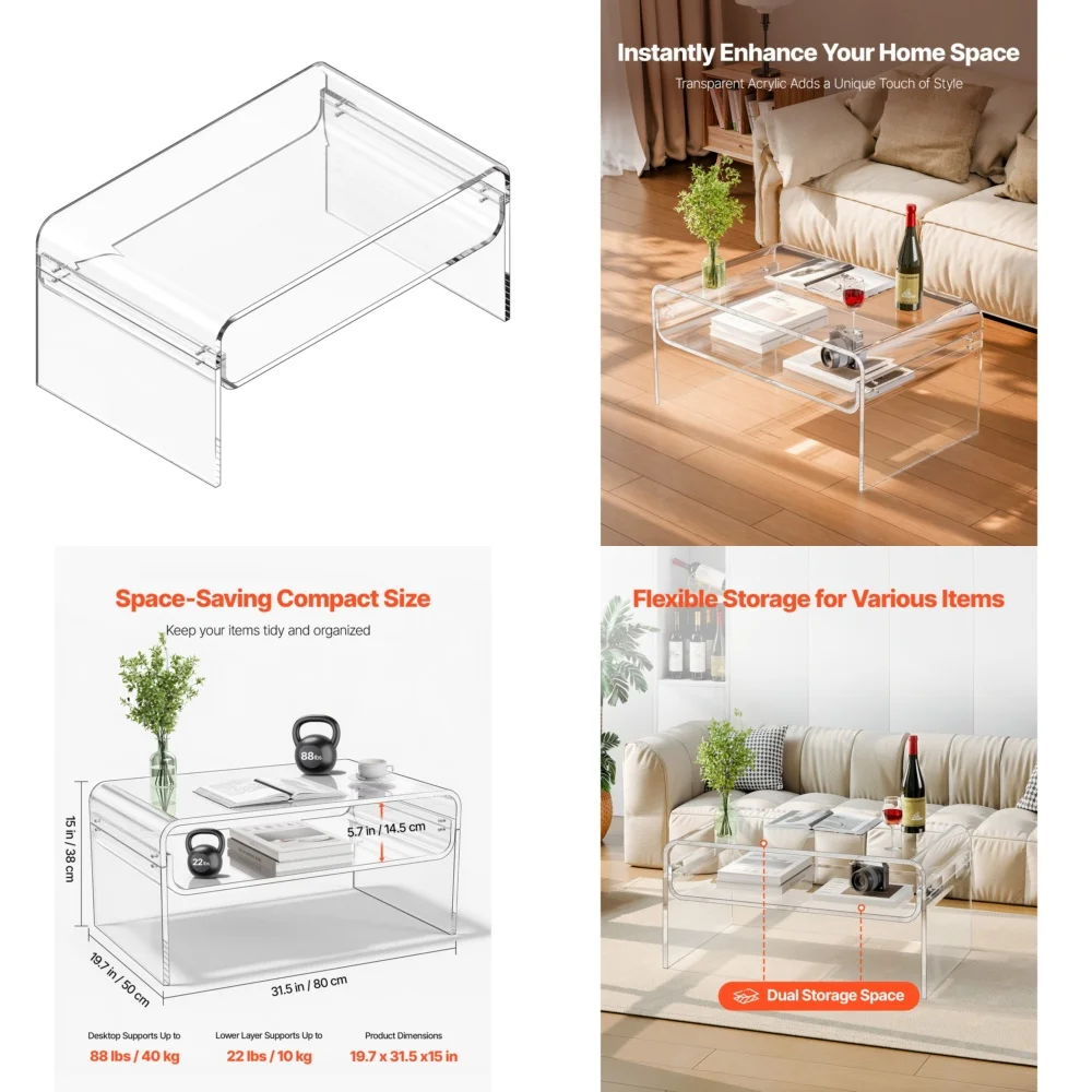 طاولات المقهى، طاولة قهوة أكريليك شفافة مع رفوف تخزين من طبقتين، تصميم شفاف حديث لغرفة المعيشة