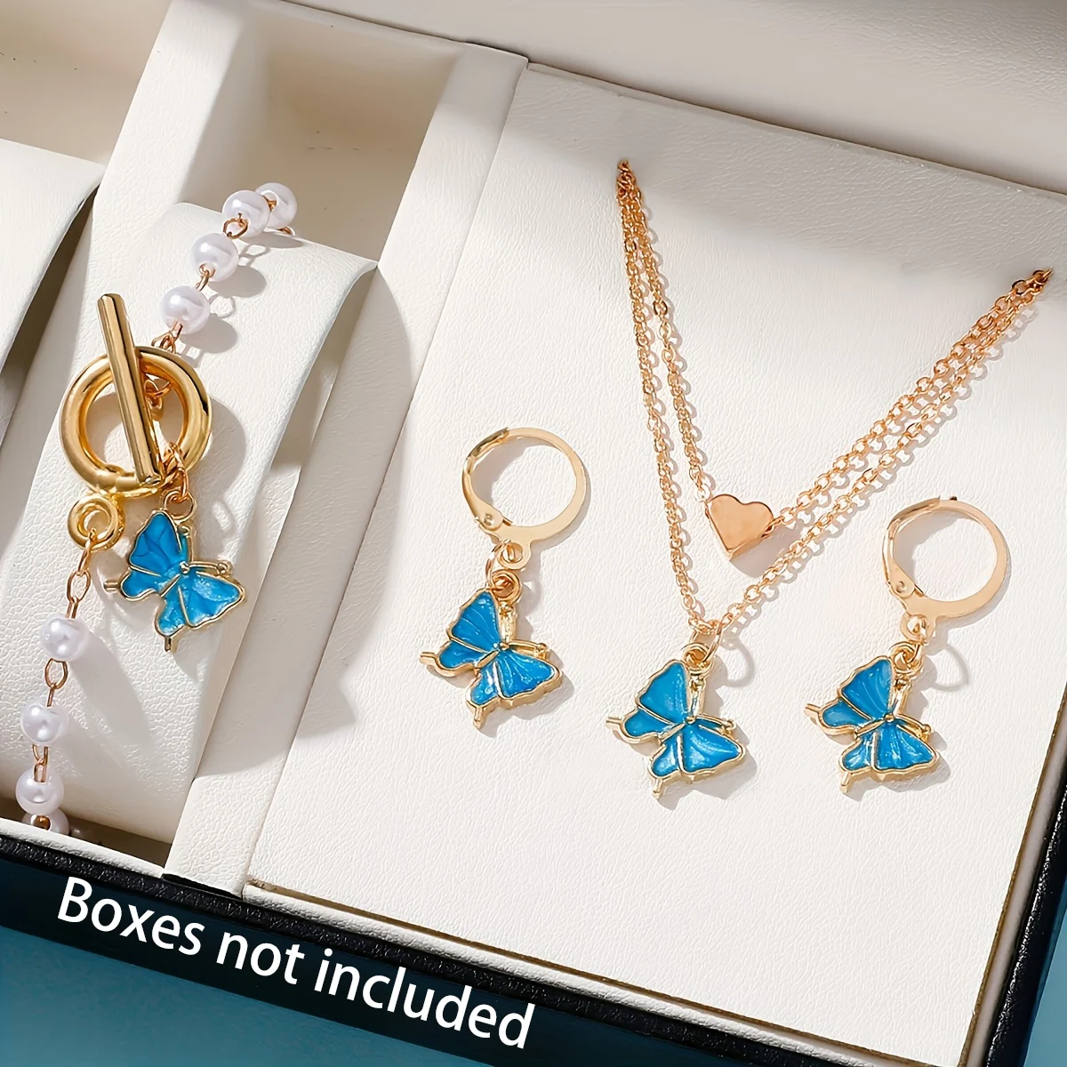4Pcs Blue Butterfly Jewelry Set for Women, Double‑Layer Necklace Pearl Necklace Bracelet  Earrings, Daily Wear Gift for Women