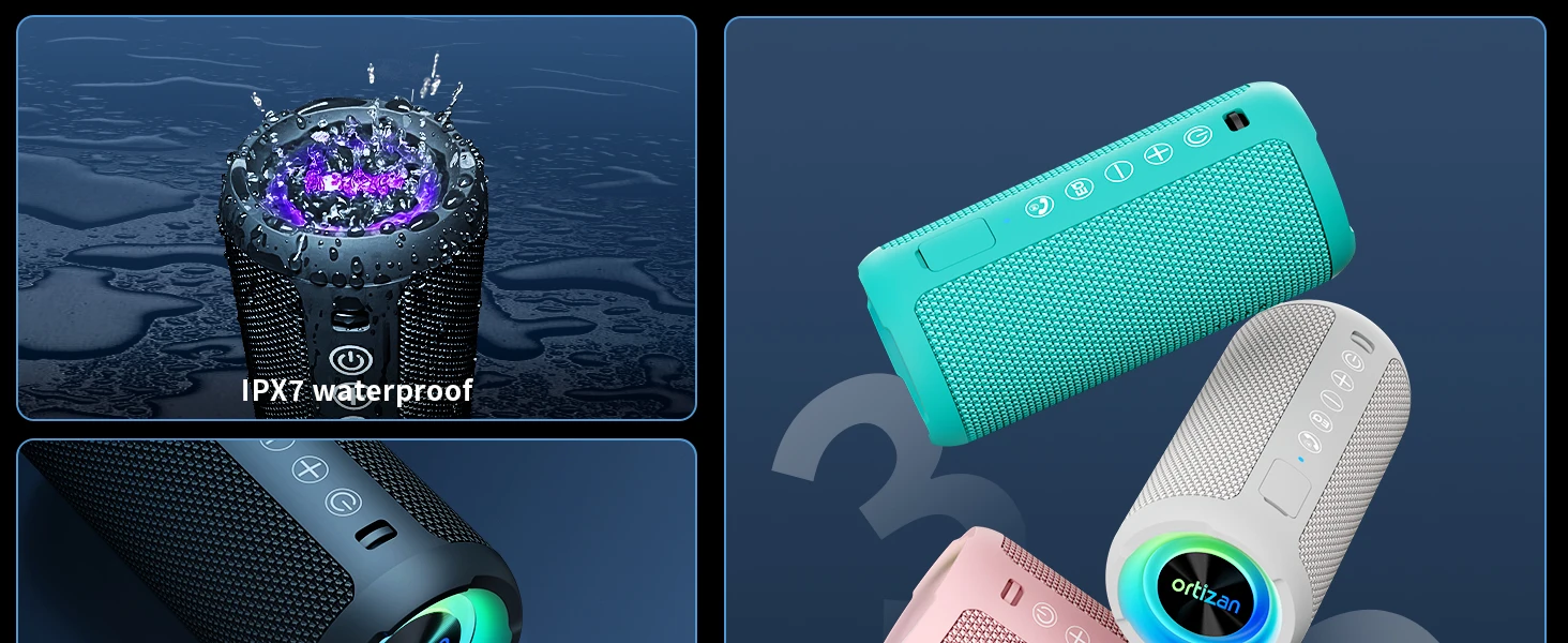 Ortizan Bluetooth Lautsprecher mit Licht, Musikbox Tragbarer Bluetooth Box mit IPX7 wasserdicht, Dualen Bass-Treibern, 30h Akku, Freisprechfunktion für Phone, Draußen, Beidhändig Schwarz – Detail 4