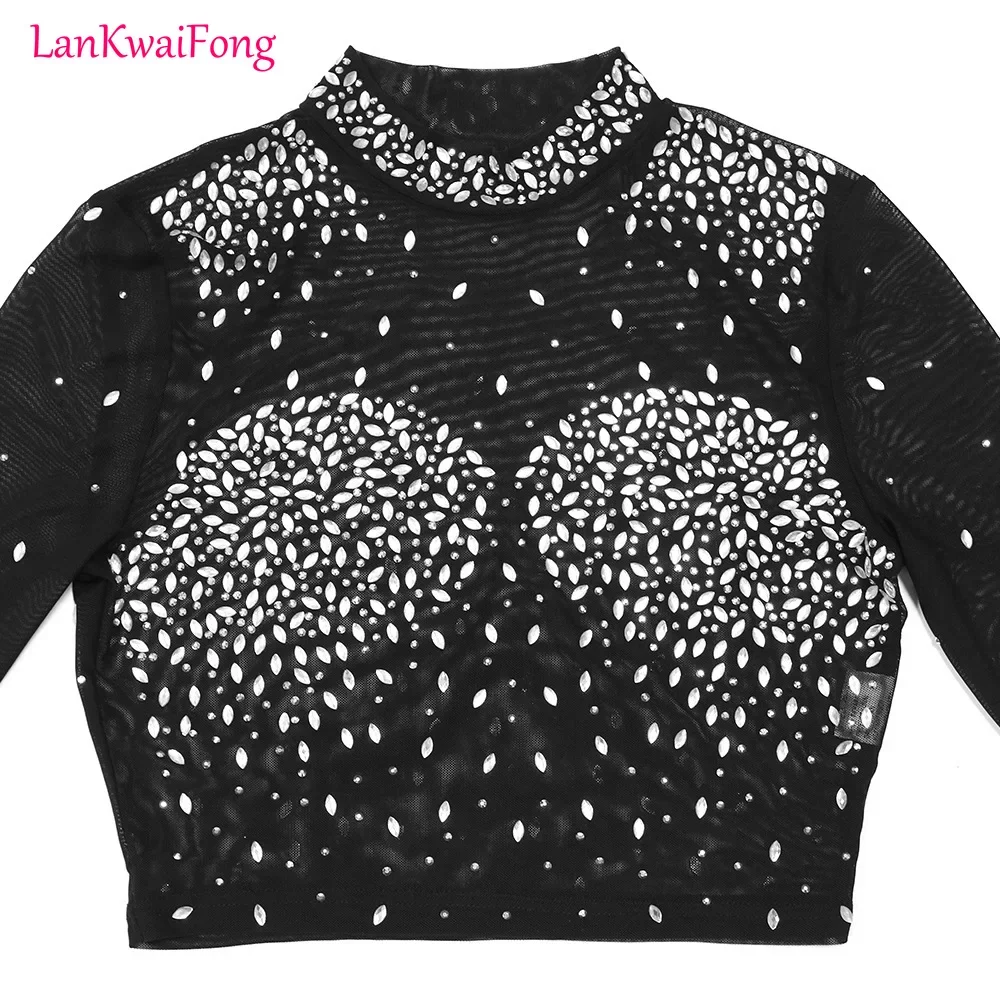 2024 Sexy Party Women's Two Piece Set Long Sleeved Waist Top Wide Legged Pants with Diamond Perspective Nightclub Fashion Set
