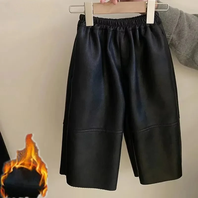 Korean Girl Child PU Clothes 2026 New Thick Plush Trouser Kids Girls Autumn Winter Pants Casual Loose Velvet Leather Pants 2-10Y