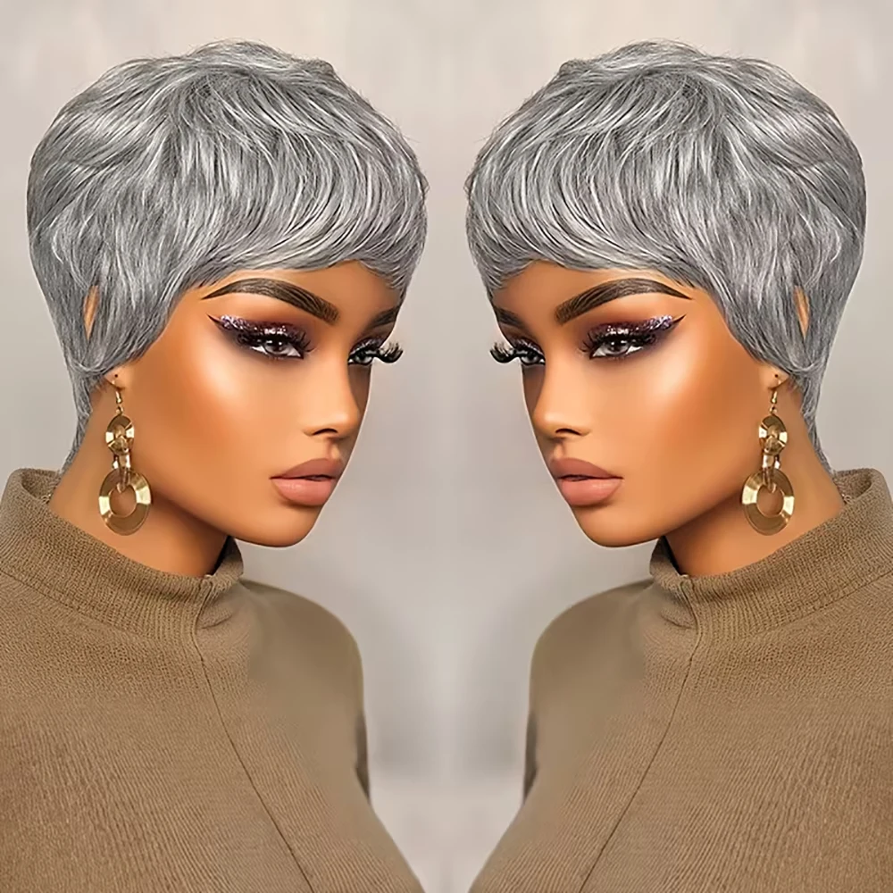 رمادي قصير عابث قطع شعر مستعار شعر طبيعي مفرود الباروكات مع الانفجارات قبل قطعها للنساء الطبقات البرازيلي شعر ريمي آلة صنع قبعة