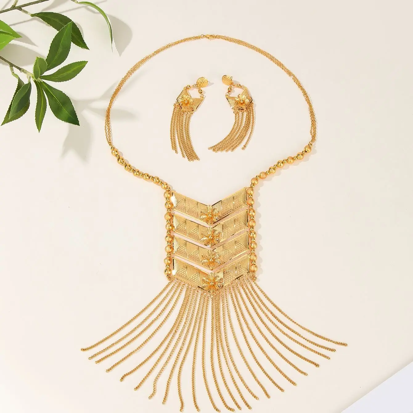 New Dubai 24K Gold Plated Alloy Necklace Earrings for Women's Jewelry Set DD10265 view 2