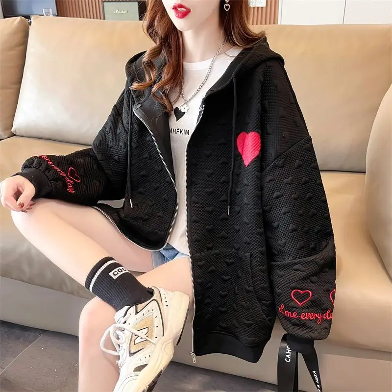 Trend Hoodies Coat Female Spring Autumn New Preppy Style Loose Zipper Printing Long Sleeve Sweatshirts Cardigan Women Clothing