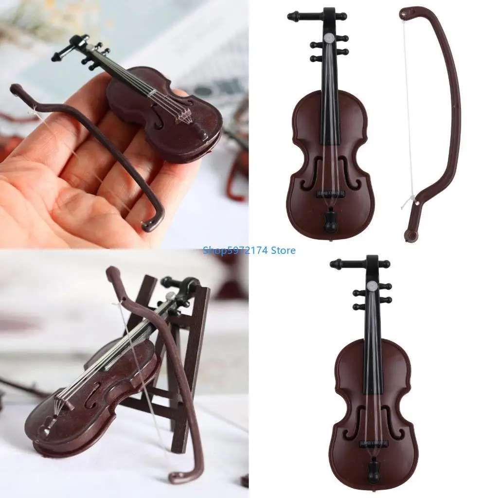 Y3NB Mini Violins Ornament Miniature Violins Model with Stand for Case Dollhouse for Home Office Desktop Decoration for Doll