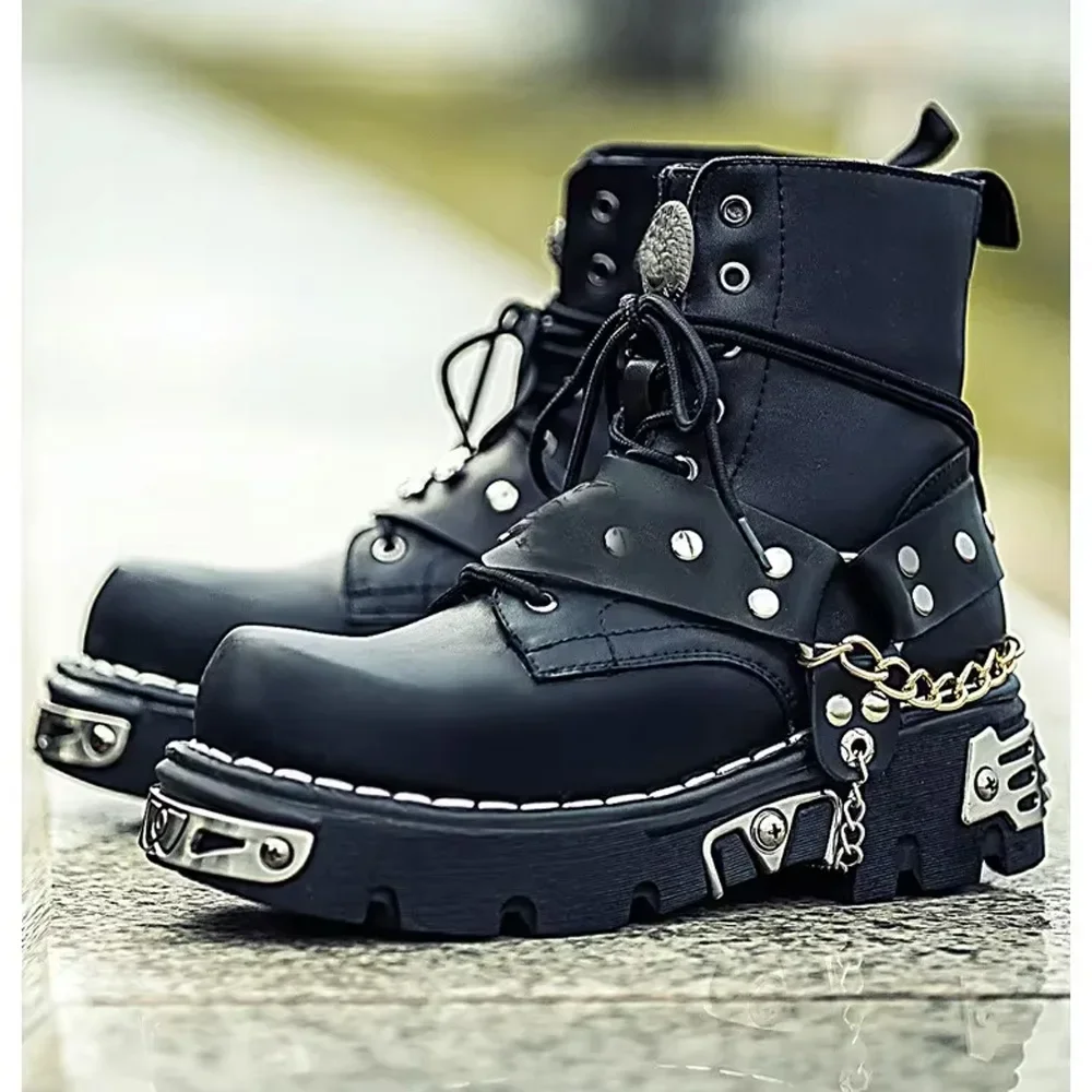 Men's Fashion Genuine Leather Motorcycle Boots,Punk Goth Skull Mid-calf Metal Chain Western Chelsea Boots Platform view 3