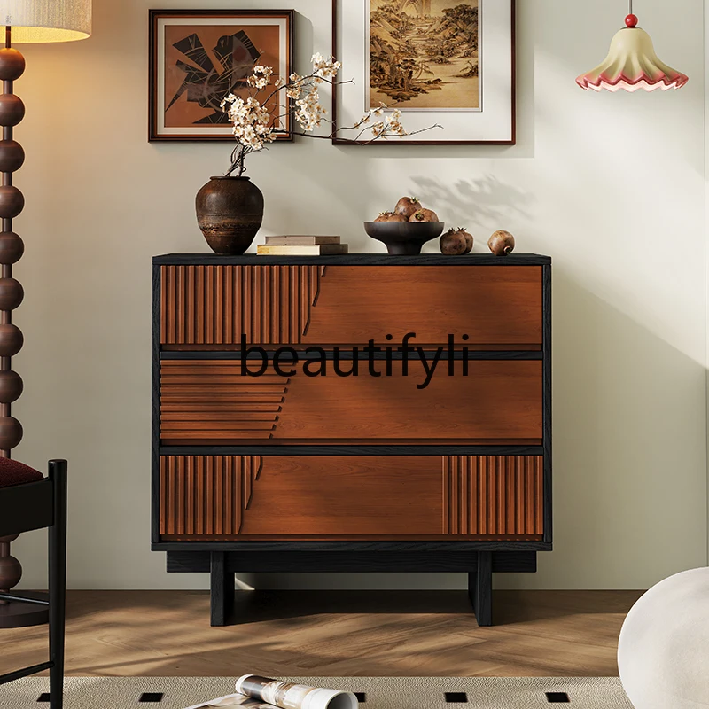 

Medieval solid wood chest, bedroom storage, bedside locker, American black wooden cabinet