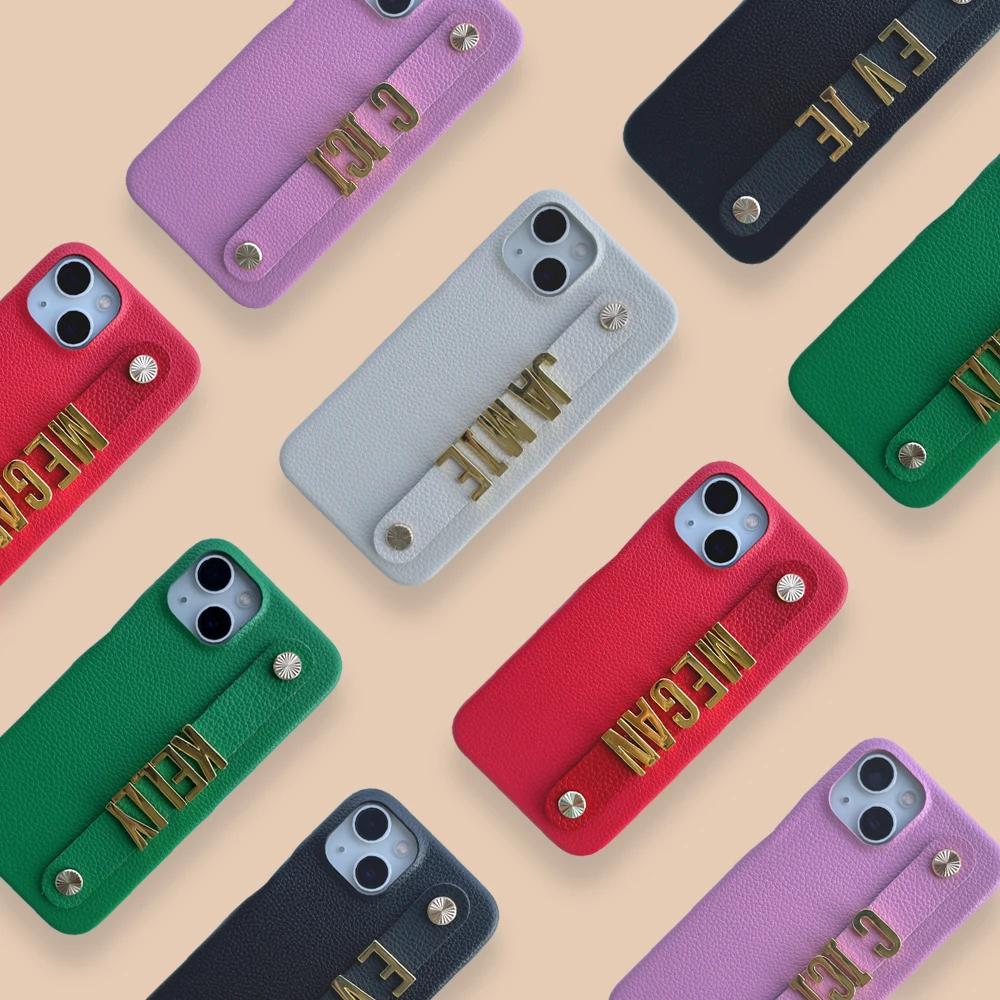 

Leather Wristband Personalise Name Gold Letters Hard Case For iphone 15 14 12 Pro Max 13 11 Pro Max X XS XR 7 8 Plus SE 3 Cover