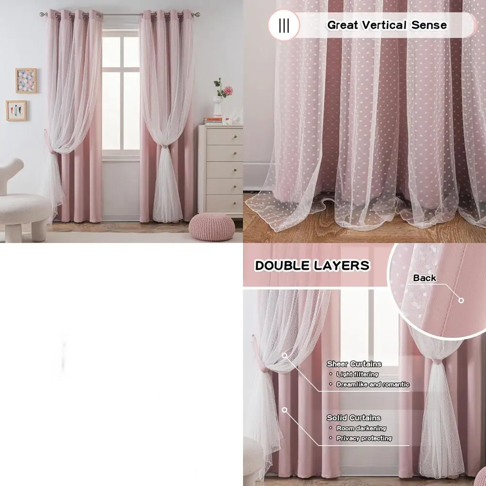 

Blush Pink Double Layer Polka Dot Sheer Curtains with Grommet Top, 52x95 Inch, 2 Panels for Girls Bedroom and Nursery