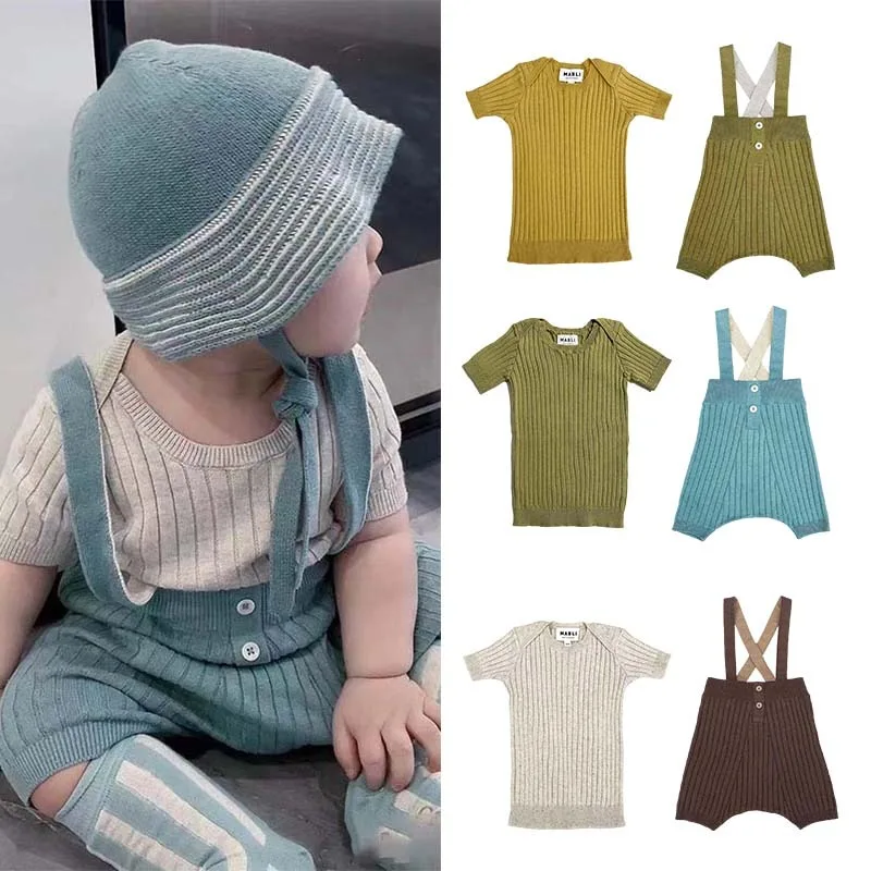 

Summer Knitted Suit for Children 2022 New Mabli Series Boys and Girls Thin Knitted Sweater Top Baby Overalls Suit