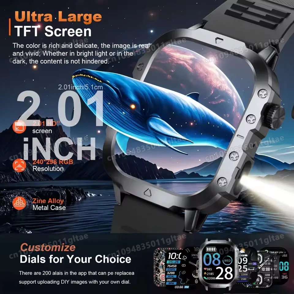 2026 Global Hiking Smartwatch 2.01''Screen 1100mAh Battery LED Light GPS Track IP68 Voice Assistant Outdoor Sport Fitness Watch